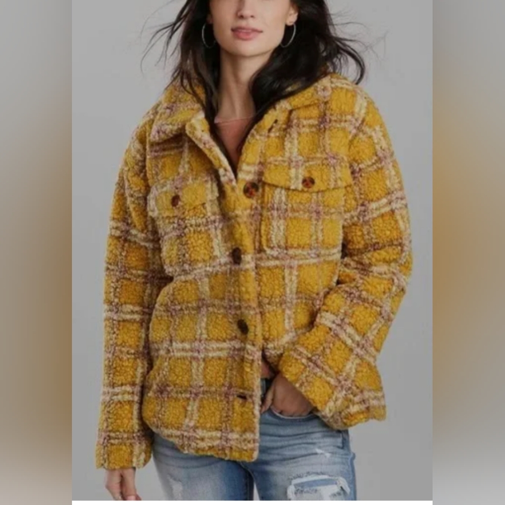 DRIFTWOOD Ryan Plaid Sherpa Jacket Yellow Gold Size XS Pockets Quilted Lining
